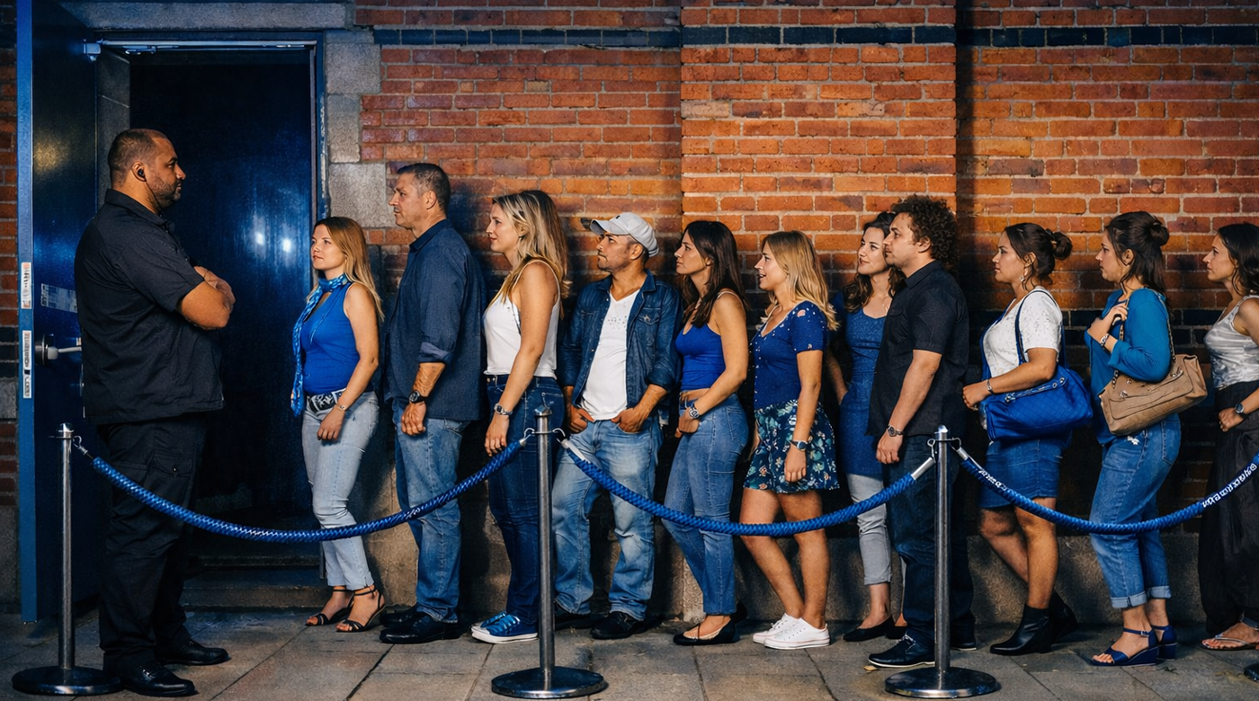 Fila de pessoas aguardando entrada em evento, ilustrando casa cheia e a diferença entre público lotado e lucro real na produção.