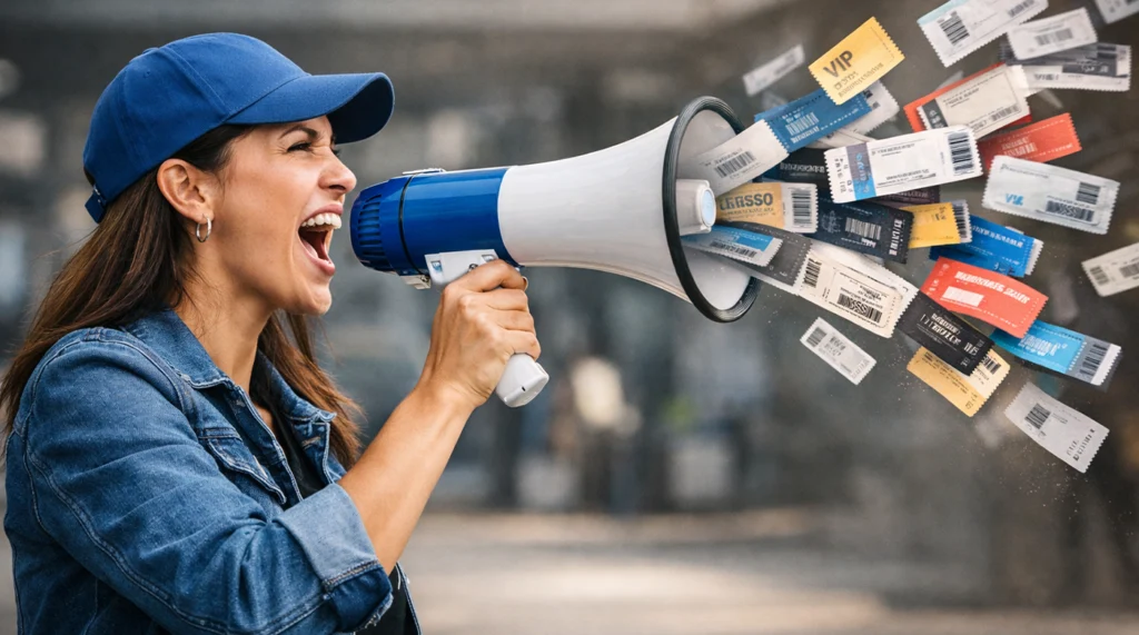 Produtora de eventos usando megafone com ingressos saindo, simbolizando divulgação estratégica para aumentar vendas de ingressos.