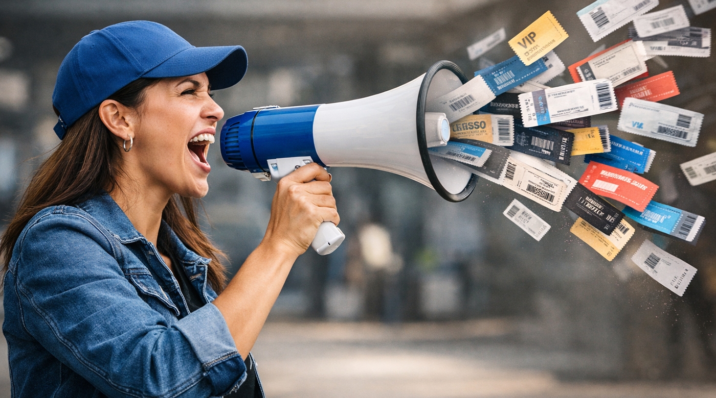 Produtora de eventos usando megafone com ingressos saindo, simbolizando divulgação estratégica para aumentar vendas de ingressos.
