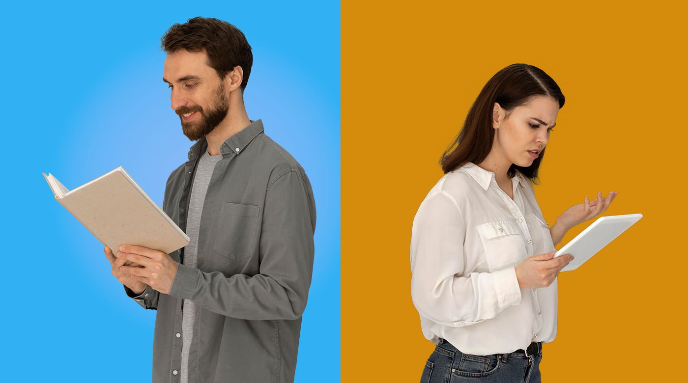 Homem e mulher analisando informações em dispositivos sobre fundo azul e amarelo, representando comparação de taxas e escolha de plataforma de ingressos.