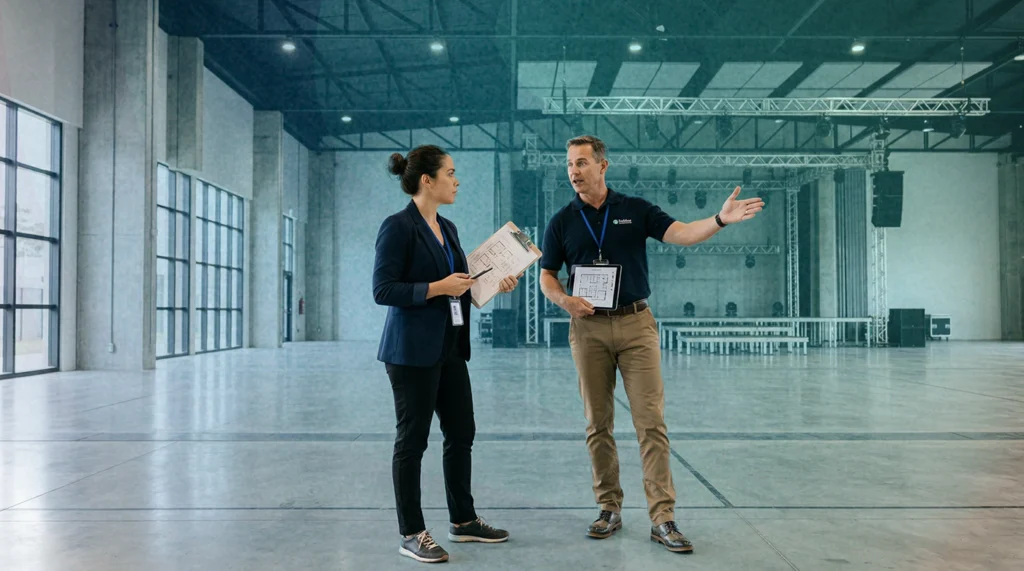 Produtora avaliando um espaço para definir o local ideal de um evento.